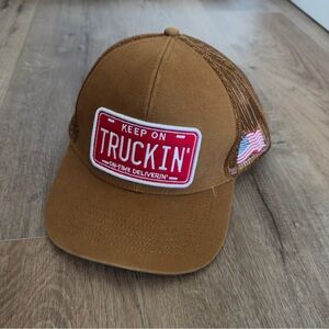 Keep On Truckin Brown Trucker Hat Red Patch Mesh Back American Flag Patch
